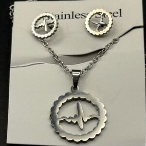 Stainless Steel Necklace and Earring Set ECG Heartbeat Pendant Jewelry